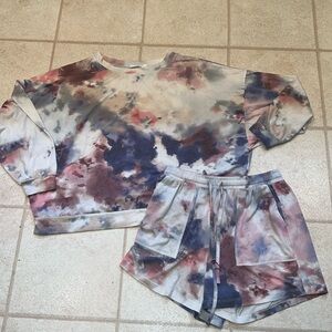 Soft, Light Weight Comfy Tie-Dye Pullover Drawstring Shorts Top and Bottom Set